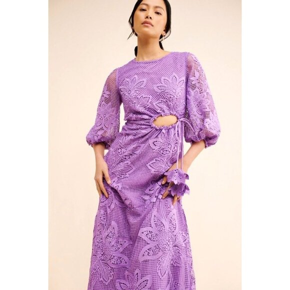 Farm Rio Guipure Cut Out Midi Dress Womens L Lace Eyelet Crochet Purple Vintage - Picture 1 of 10